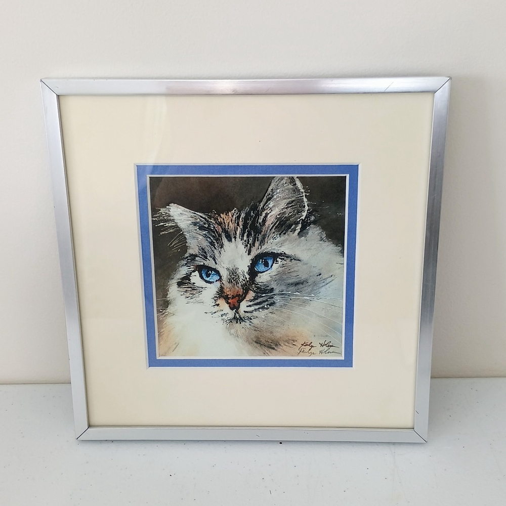 Vintage Signed Framed & Matted White Cat Kitty Print Blue Eyes Ragdoll? 9x9